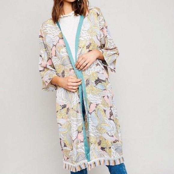 Hayden Pink, Blue, & Tan Kimono with Fringe Tassels - Picture 9 of 9